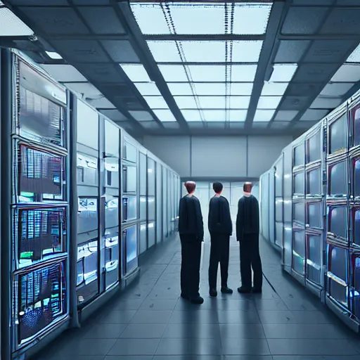 Prompt: hyperrealism detailed photography scene from stanley kubrick movie of highly detailed stylish system administrator from 2 0 7 7's as droid in josan gonzalez, gragory crewdson and katsuhiro otomo, mike winkelmann style with many details working at the detailed data center by laurie greasley hyperrealism photo on dsmc 3 system volumetric epic light rendered in blender