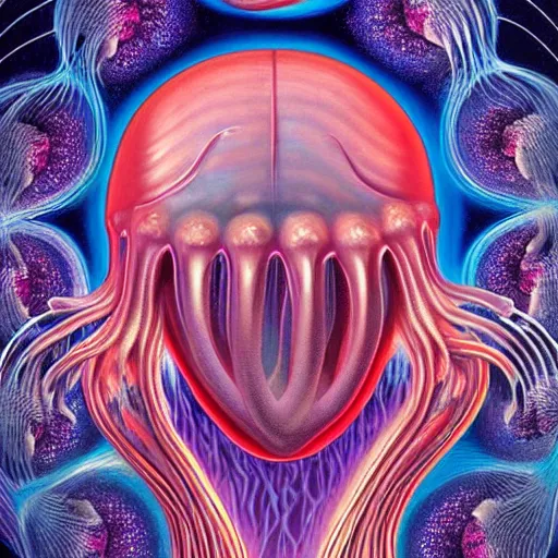 Prompt: album cover featuring a pair of human jellyfish head with a heart shape in the middle of it, an oil painting by Alex Grey, by Earnst Haeckel, by Nychos featured on zbrush central, psychedelic art, lovecraftian, fractalism, airbrush, pastel pinks and blues