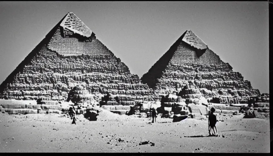 Prompt: Aliens! help building the pyramids! in Egypt, antique analog polaroid picture, Photography