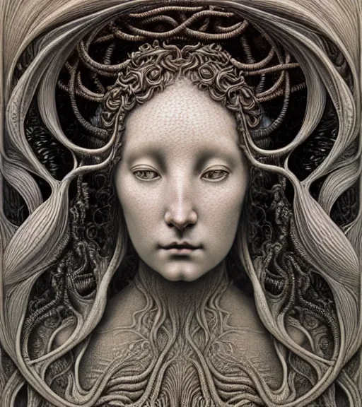 Prompt: detailed realistic beautiful tide goddess face portrait by jean delville, gustave dore, iris van herpen and marco mazzoni, art forms of nature by ernst haeckel, art nouveau, symbolist, visionary, gothic, neo - gothic, pre - raphaelite, fractal lace, intricate alien botanicals, ai biodiversity, surreality, hyperdetailed ultrasharp octane render