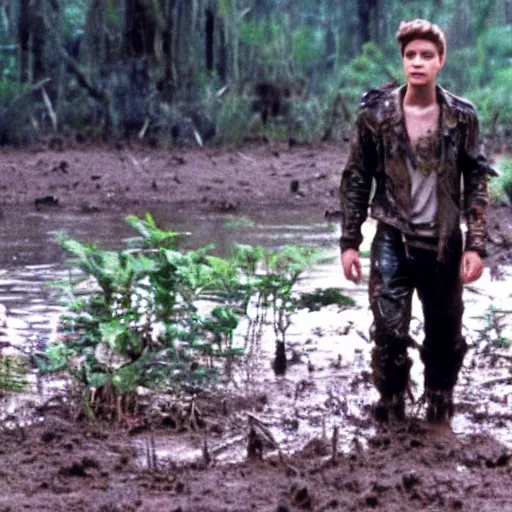 Prompt: cinematic still of justin bieber, covered in mud and watching a predator in a swamp in 1 9 8 7 movie predator, hd, 4 k