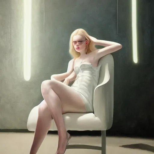 Prompt: Elle Fanning sitting on a white leather chair in the world of Brenda Zlamany, head and shoulders portrait, stormy weather, extremely detailed masterpiece, oil on canvas, low-key neon lighting, artstation, Blade Runner 2049, Roger Deakin’s cinematography, by J. C. Leyendecker and Peter Paul Rubens and Edward Hopper and Michael Sowa,