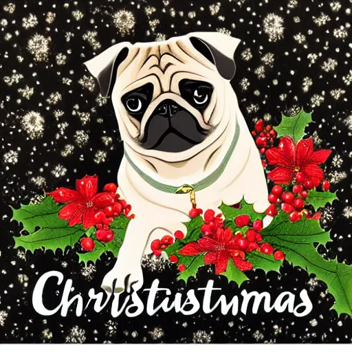 Prompt: christmas card, pug black infront of leg, high beauty vine, artstation, ample lighting, flower mosaic, dna, intense fantasy