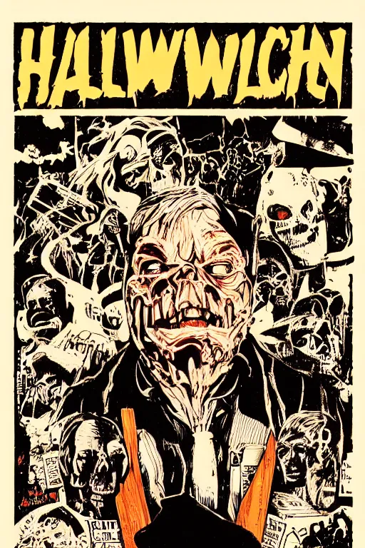 Image similar to 1 9 8 0's tom atkins halloween iii season of the witch, detailed, comic book texture, phonebooth, 4 k symmetrical portrait, ashley wood, mike mignola, trending on artstation, norman saunders