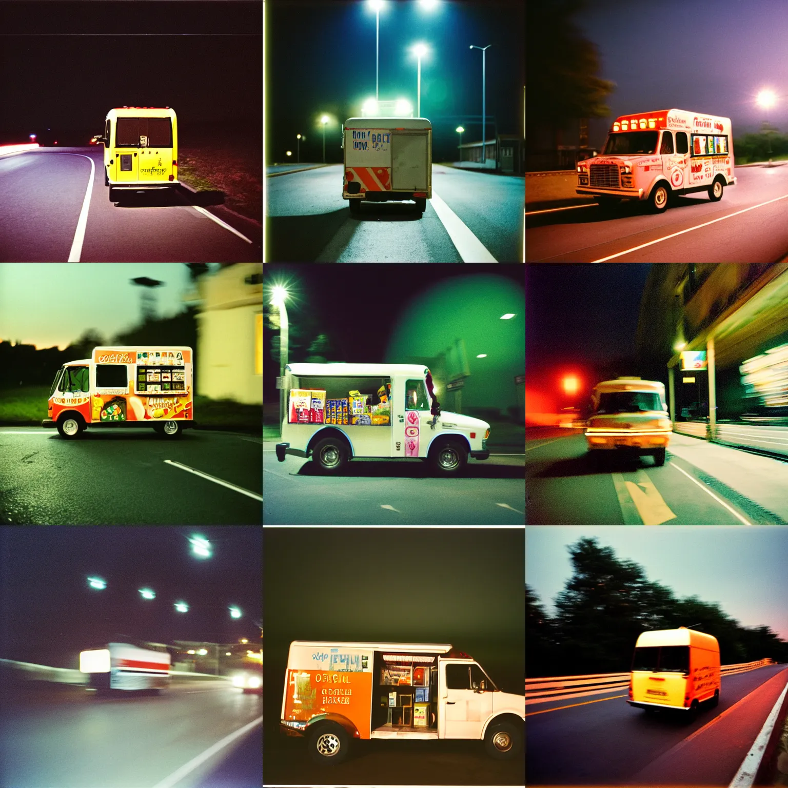 Prompt: an ice cream truck driving on the road at night with green headlights, KODAK Portra 400, old photo