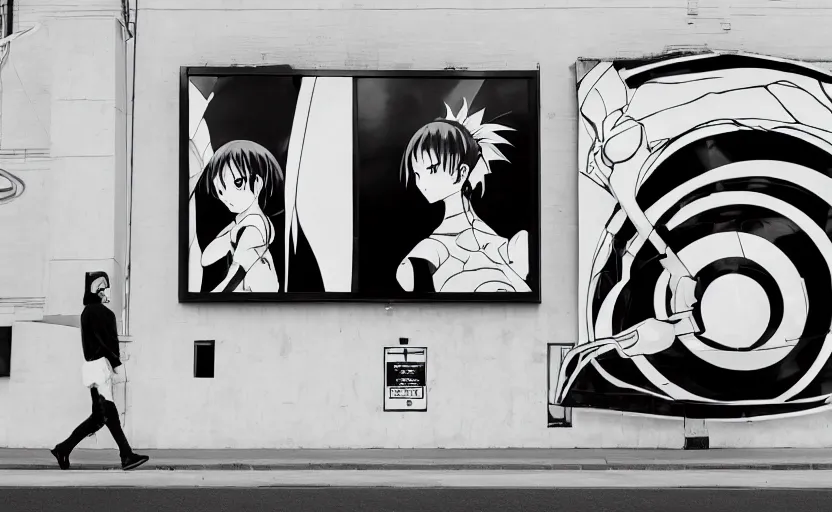 Image similar to black and white billboard advertisement with an extremely beautiful photo of a white marble statue of an anime girl with motocross logos and motorcycle helmet with closed visor, smoke in the background, carved marble statue, fine art, neon genesis evangelion, virgil abloh, offwhite, denoise, highly detailed, 8 k, hyperreal