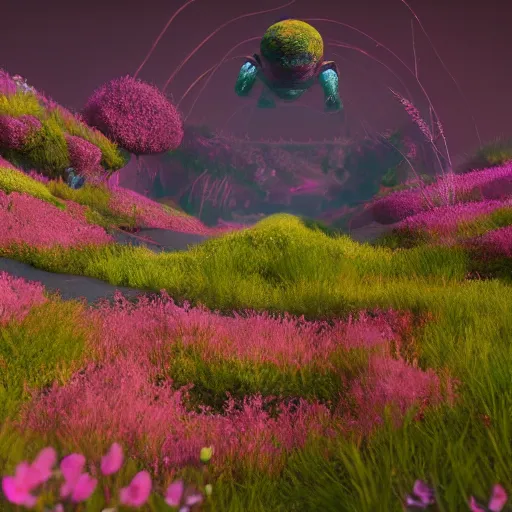 Image similar to a flowering alien landscape in the style of midjourney, 8 k, unreal engine, zbrush,