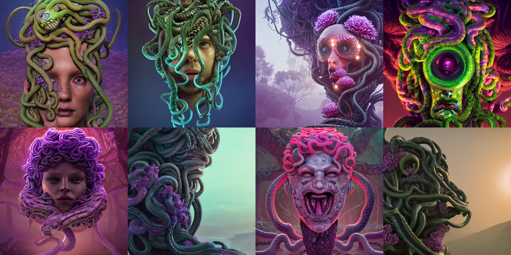 Image similar to creepy medusa gorgon gaze head, highly detailed snakes, beautiful flowers, beautiful dark creepy landscape, in the style of beeple and mike winkelmann, intricate, epic lighting, cinematic composition, hyper realistic, 8 k resolution, unreal engine 5, raytracing, ultraviolet colors,