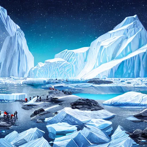 Image similar to idyllic masterpiece of glacial festivity in the skirts of star mountains in Antarctica, quarrel of mountain Monarch gods, cinematic, establishing shot, extremely high detail, photorealistic, cinematic lighting, intricate line drawings, 8k resolution