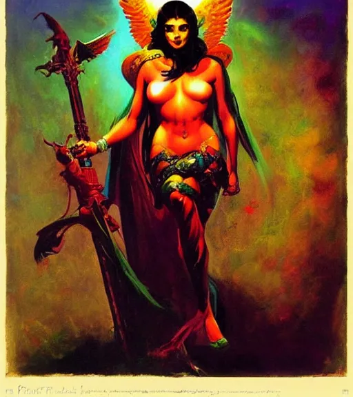 Image similar to portrait of junoesque iranian female chaos angel, beautiful! coherent! by frank frazetta, by brom, strong line, vivid neon color, shining metal power armor, iron helm, high contrast, maximalist