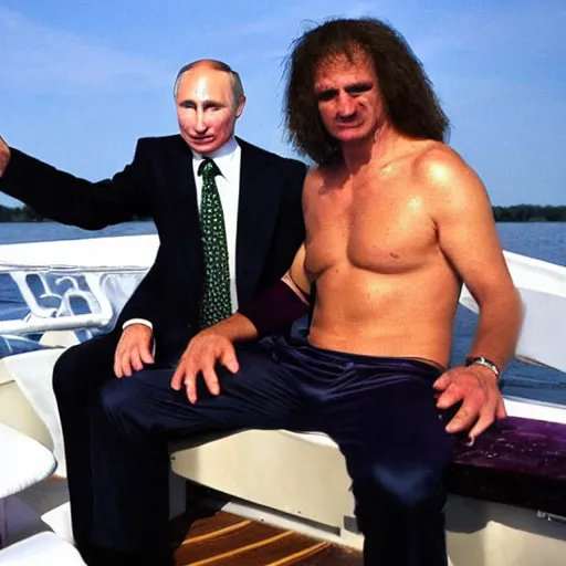 Image similar to putin as old gregg with a mangina, on a boat on a lake