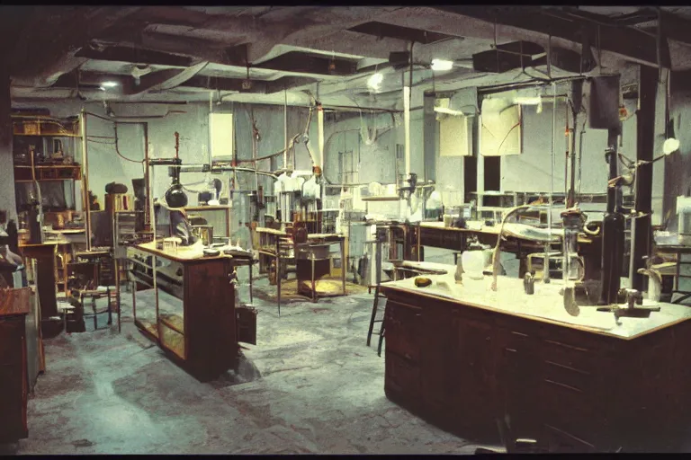 Image similar to vintage 3 5 mm color photo of the interior of an alchemist's lab