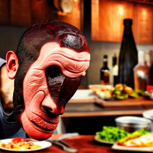 Image similar to photograph of a man with a Steak head begging for food, 8k resolution, high detail, ULTRA REALISTIC VFX, reflections