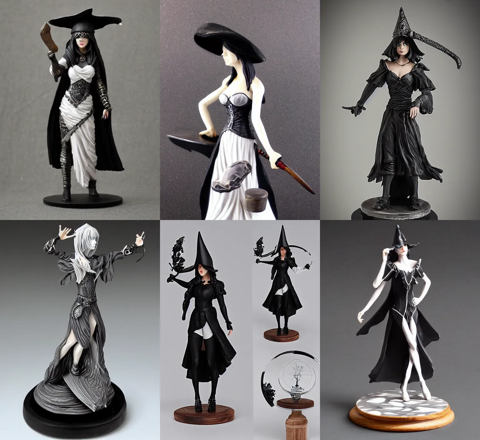 Prompt: Image on the store website, eBay, 100mm resin figure of a beautiful female sorceress, dress in black and gray and white, tricorn hat, stand on a wooden disk base