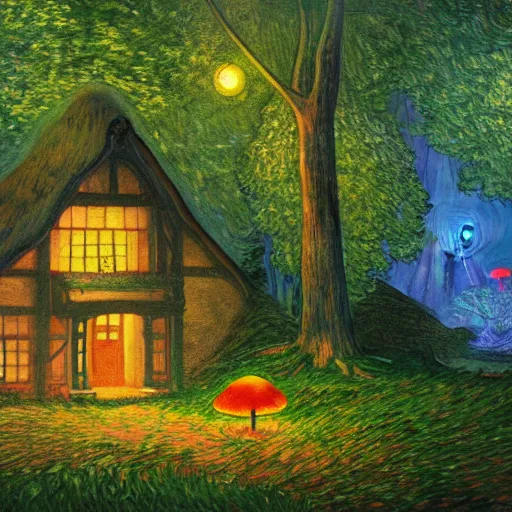 Image similar to mysterious detailed painting of a cozy english cottage in the woods at night, surrounded by giant glowing mushrooms, in the style of studio ghibli and moebius and claude monet and edward hopper and vincent van gogh