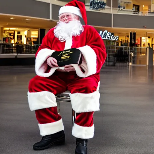 Image similar to a mall santa exhaling a large smoke cloud from his bong, award winning professional candid photography