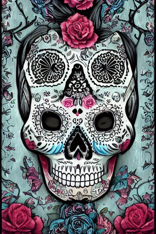 Image similar to illustration of a sugar skull day of the dead girl, art by lixin yin