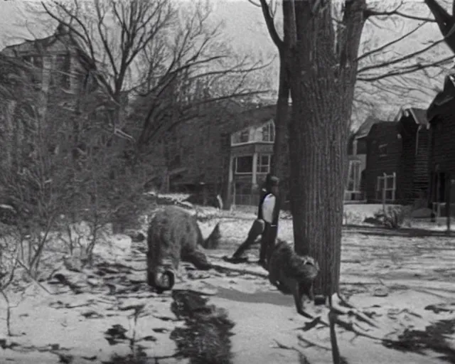 Image similar to archive footage of sleeper stalker monster hunting in toronto neighbourhood in the 1 9 8 0's h 5 7 6