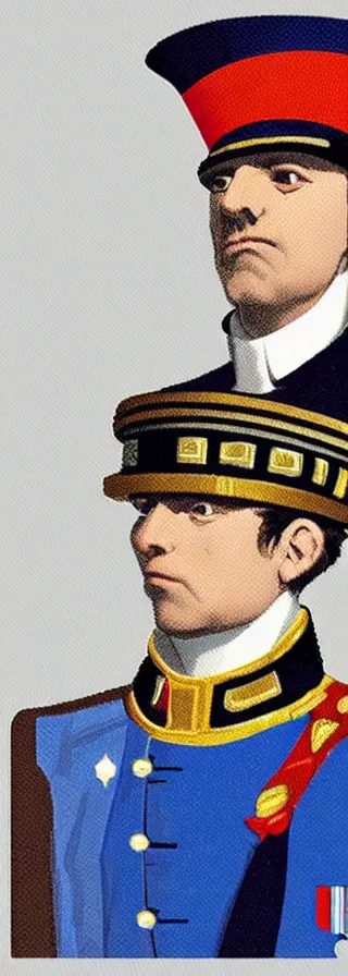 Image similar to portrait of imperator wearing a french hat and ceremonial uniform in a haughty pose, head pointing up diagonally, pixel art, colors accent, symmetric