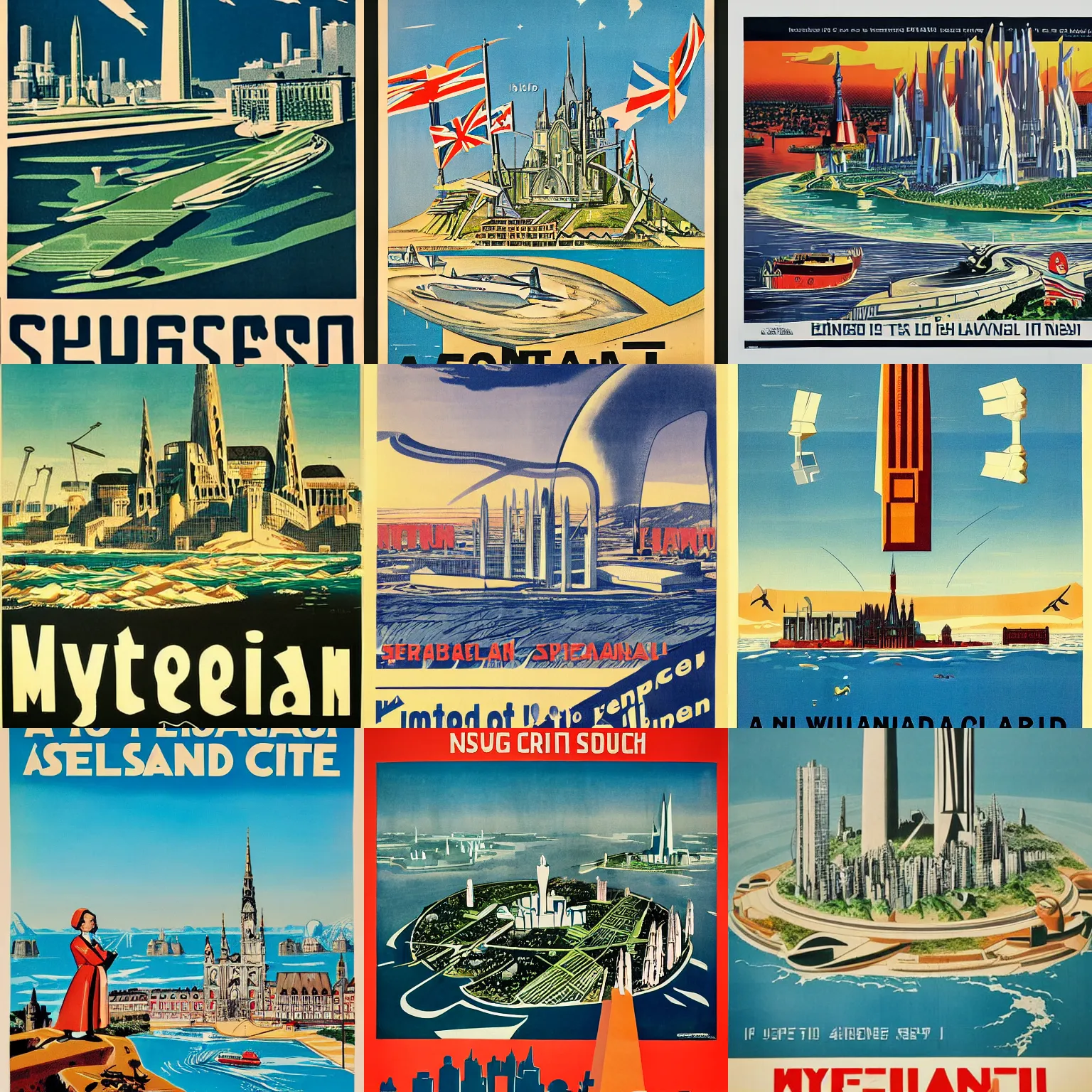 Prompt: a propaganda poster of a futuristic city located in an island isolated by water, Vienna secesion style