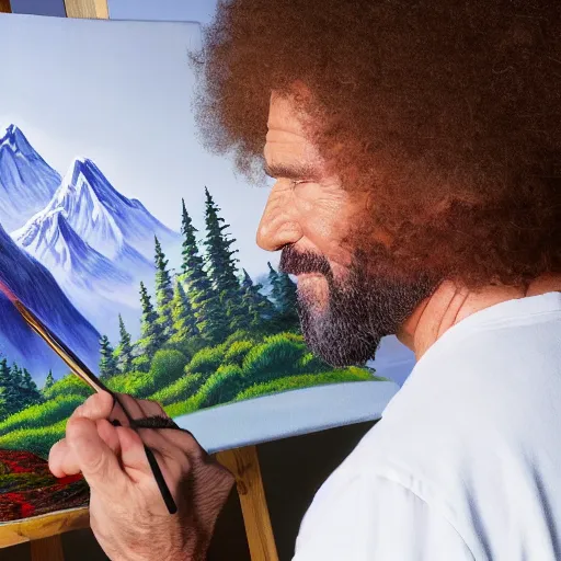 Image similar to a closeup photorealistic photograph of bob ross working on a canvas painting of deadpool. film still. brightly lit scene. mountains and trees. this 4 k hd image is trending on artstation, featured on behance, well - rendered, extra crisp, features intricate detail, epic composition and the style of unreal engine.