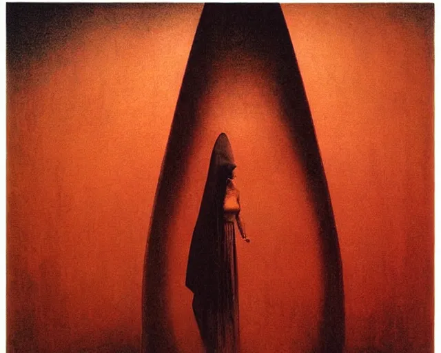 Prompt: by francis bacon, beksinski, mystical redscale photography evocative. devotion to the scarlet woman, priestess in a conical hat, vision quest, insight
