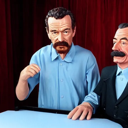 Prompt: wax figures of bryan cranston selling a ziploc of baby blue meth to stalin