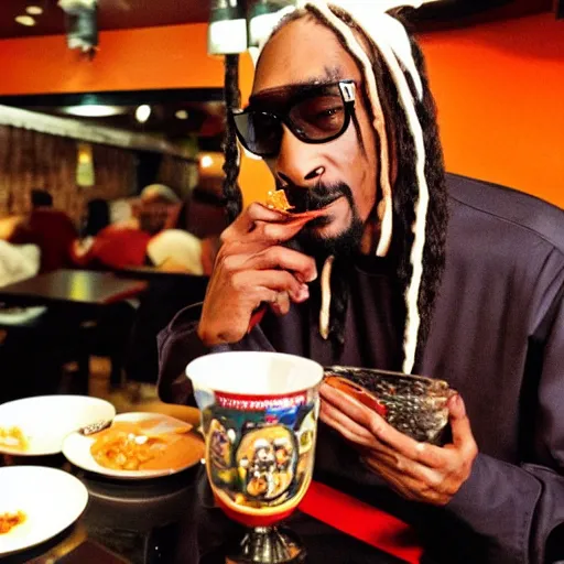 Image similar to Snoop Dog eating ramen in a restaurant