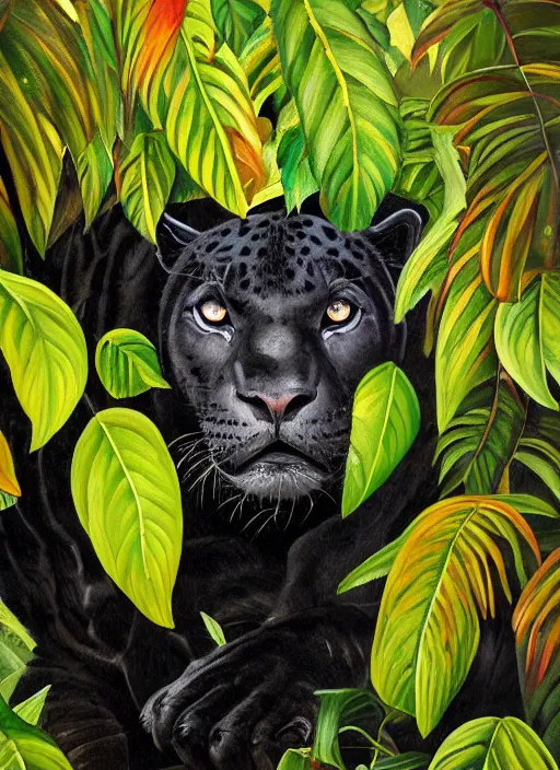 Image similar to a beautiful painting portrait of a black jaguar surrounded by the leaves of the jungle, highly detailed close up, fantasy art, matte painting