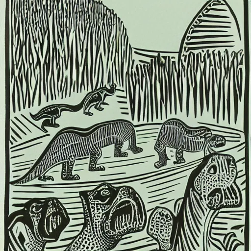 Image similar to dinosaurs by Edward Bawden, linocut