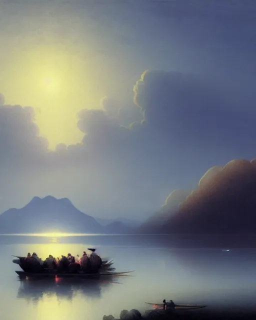 Image similar to a hyper realistic matte painting of the lake lake full of river lanterns, distant mountains, night sky ， clouds, by ohara koson and ivan aivazovsky and stephan martiniere, heavenly lighting, retrowave, 4 k hd wallpaper