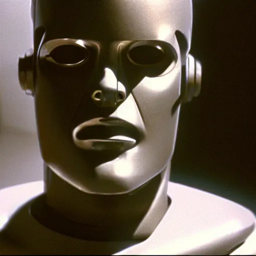 Prompt: movie scene of a man with a robot head, movie still, cinematic composition, cinematic light, criterion collection, reimagined by industrial light and magic, Movie by David Lynch and Ridley Scott