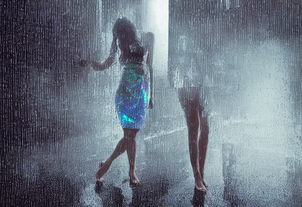 Prompt: hyperdetailed wide ground level photo of a sexy girl wearing a micro skirt and see through white tank top getting soaked in the rain ttying to open a door with a holographic interface cyber punk style city