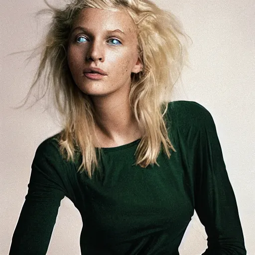 Prompt: photograph by annie leibovitz of olive skinned blonde female in her twenties wearing designer top