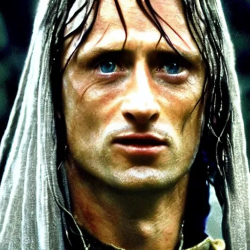 Prompt: a close shot of robert lewandowski as aragorn in the lord of the rings movie,,, fantasy, lord of the rings, movie screen shot