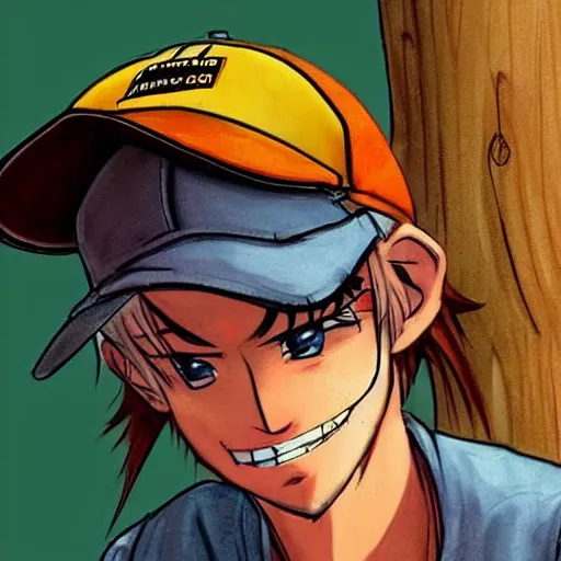 Prompt: Anime Hillbilly American protagonist wearing overalls and a baseball cap, concept art, highly detailed, high quality