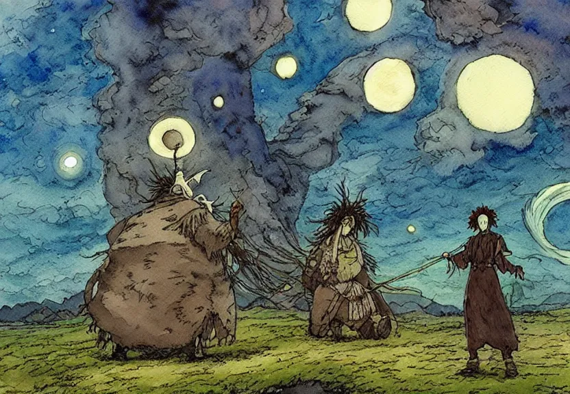 Image similar to a simple watercolor studio ghibli movie still fantasy concept art of a giant shaman from howl's moving castle ( 2 0 0 4 ) on the moors of ireland. it is a misty starry night. by rebecca guay, michael kaluta, charles vess