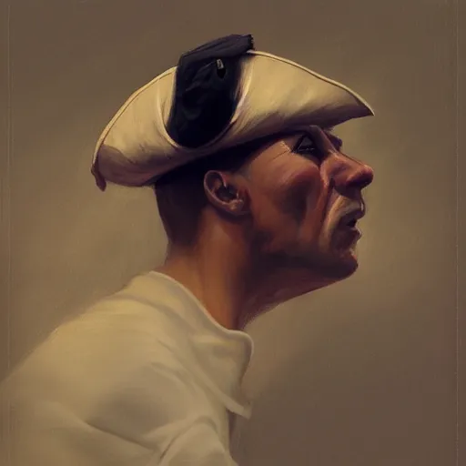 Image similar to a pirate captain gazing into the horizon in the style of mary jane ansell.