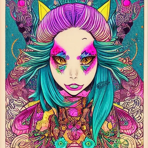 Image similar to hatsune miki, intricate, amazing line work, cosmic, psychedelic, cheerful, colorful, tarot cards, the devil tarot card