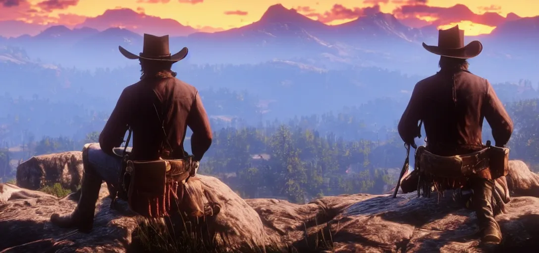 Image similar to Arthur Morgan from Red Dead Redemption 2 sitting at the top of a rocky mountain looking at a beautiful sunrise in the distance