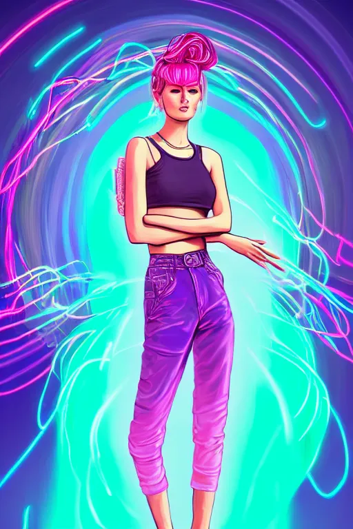 Image similar to a award winning half body portrait of a beautiful woman in a croptop and cargo pants with ombre purple pink teal hairstyle and hands in pockets by ari liloan, surrounded by whirling illuminated lines, outrun, vaporware, shaded flat illustration, digital art, trending on artstation, highly detailed, fine detail, intricate