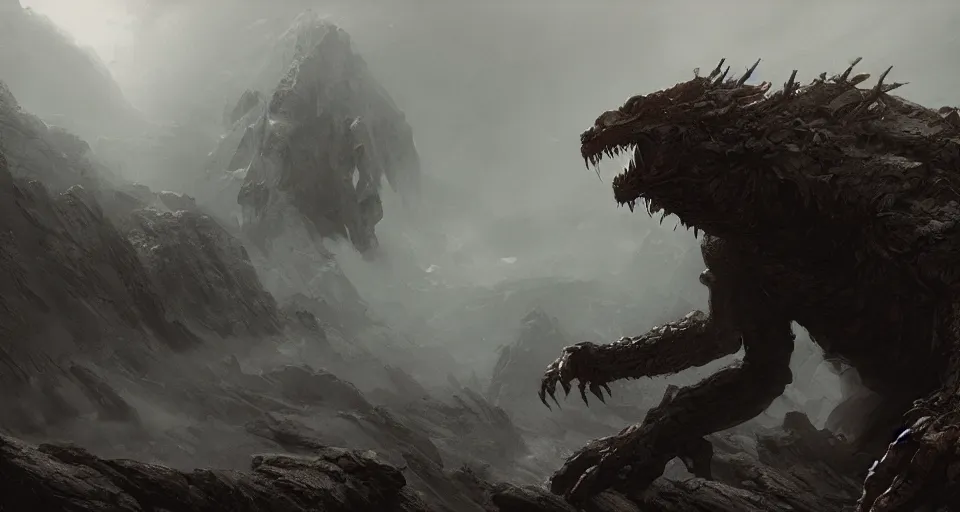 Prompt: a giant monster with many limbs crawling across a misty mountainous landscape, dramatic lighting, illustration by francois baranger, greg rutkowski, yoji shinkawa, 4 k, digital art, concept art, trending on artstation