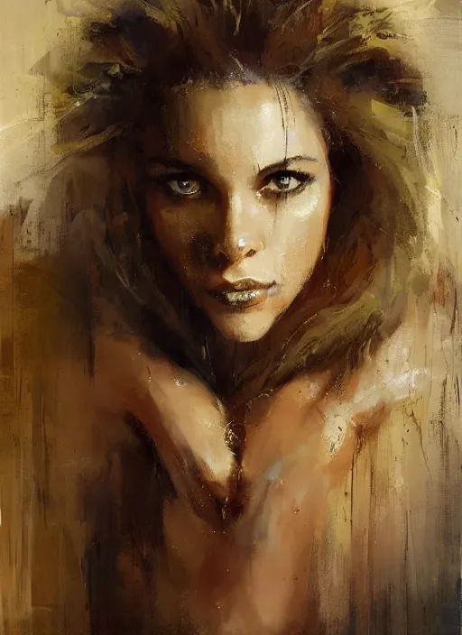 Prompt: painting of a beautiful woman with the face of a lion, loosely robed in animal skins, with a strong pose, by Jeremy Mann, stylized, detailed, loose brush strokes, warm tones, vivid colors, realistic