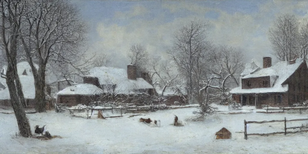 Image similar to a house during a severe winter, by george henry durrie