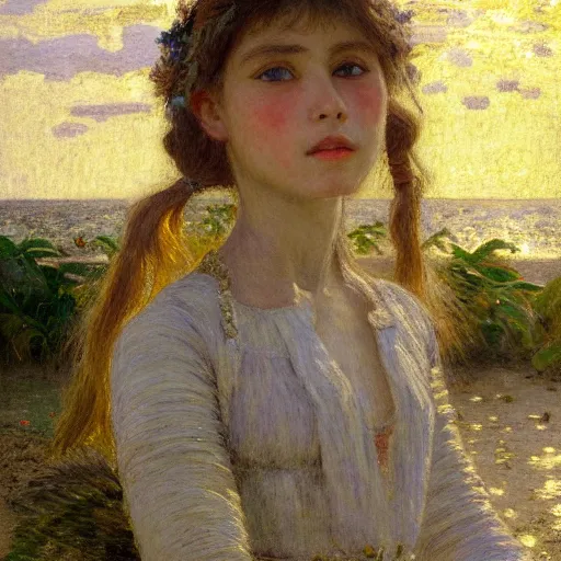 Image similar to a ultradetailed beautiful painting of a girl in the amazonas palace designed by jules bastien - lepage, hans belmer, frank weston and gustave baumann, beach, trending on artstation, mediterranean, palm trees, light sparkles, sharp focus, soft light, 8 k 4 k