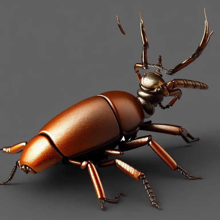Prompt: steampunk stag beetle, 3 d model, unreal engine realistic render, 8 k, micro detail, elegant, highly detailed, centered, digital painting, smooth, sharp focus, wlop