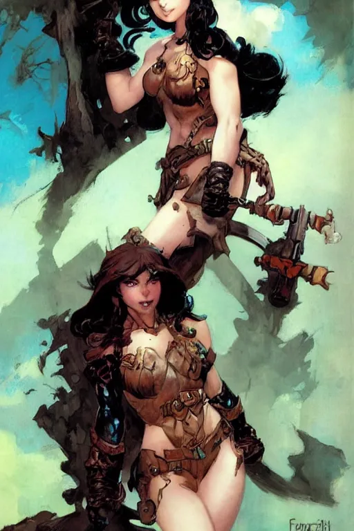 Prompt: a portrait of a cute fantasy girl by Frank Frazetta and ross tran and laura sava