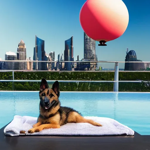 Prompt: a swanky gsd puppy relaxing at a swanky pool on a swanky penthouse rooftop with a futuristic blimp anchor in the background, futuristic cityscape, 8K, 4K, photorealistic, ultrarealistic, UE5, Octane, 3D, digital art, RTX, Ray Tracing, Bokeh, happening vibe