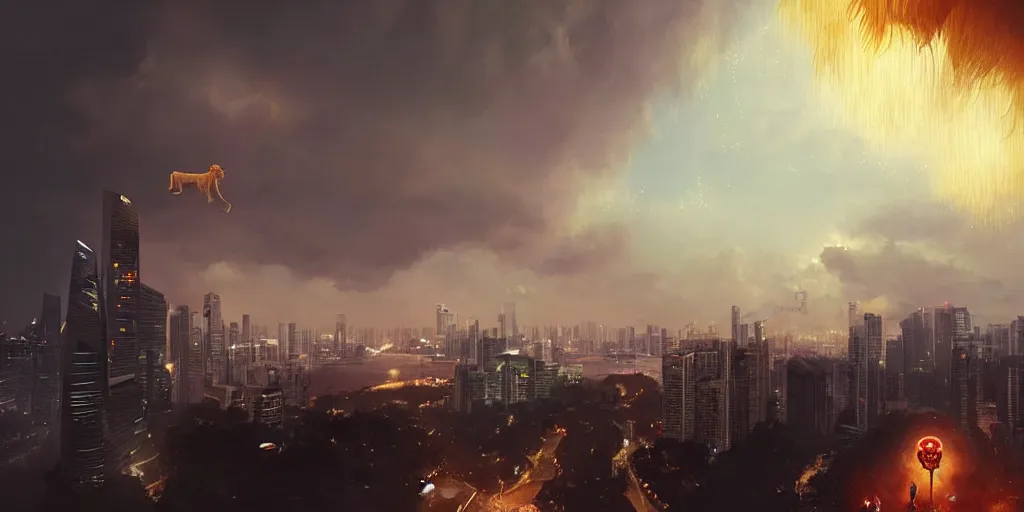 Image similar to Singapore city with a lion-shaped!!!!! cloud in the sky and fireworks in the sky, by greg rutkowski, red and white lighting, digital art, ultra realistic, ultra detailed, photorealistic, 4k, character concept