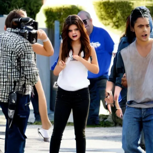 Prompt: high quality movie still of selena gomez on the set of scream 6